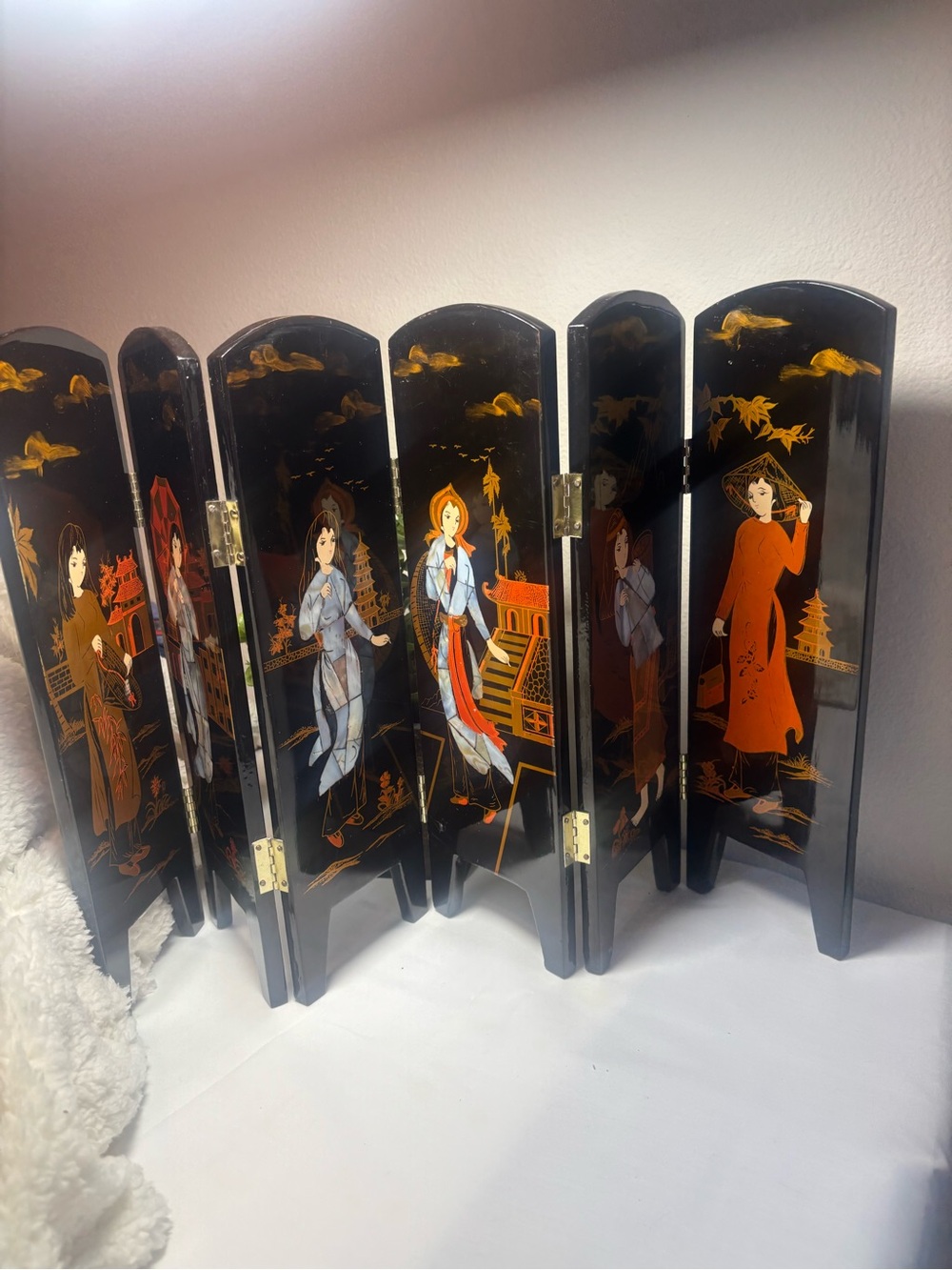A. Vintage Vietnamese Lacquer‎ Miniature Folding Screen.